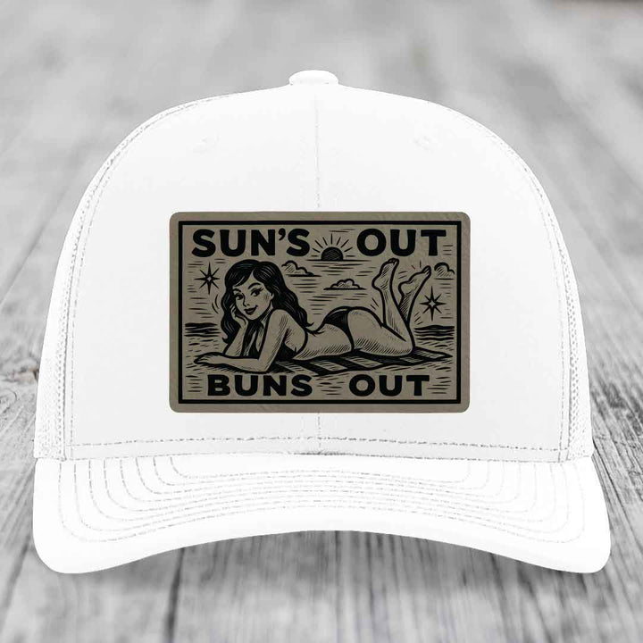 Suns Out, Buns Out - Leather Patch Hat - Light Brown to Black Patch - Richardson 112 Snapback Trucker Hat