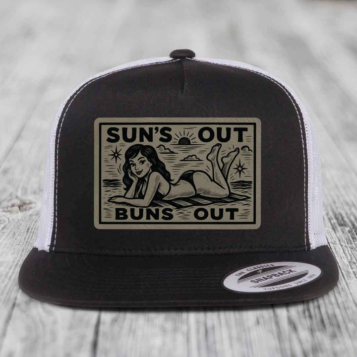 Suns Out, Buns Out - Leather Patch Hat - Light Brown to Black Patch - Yupoong 6006 Snapback Flatbill Hat
