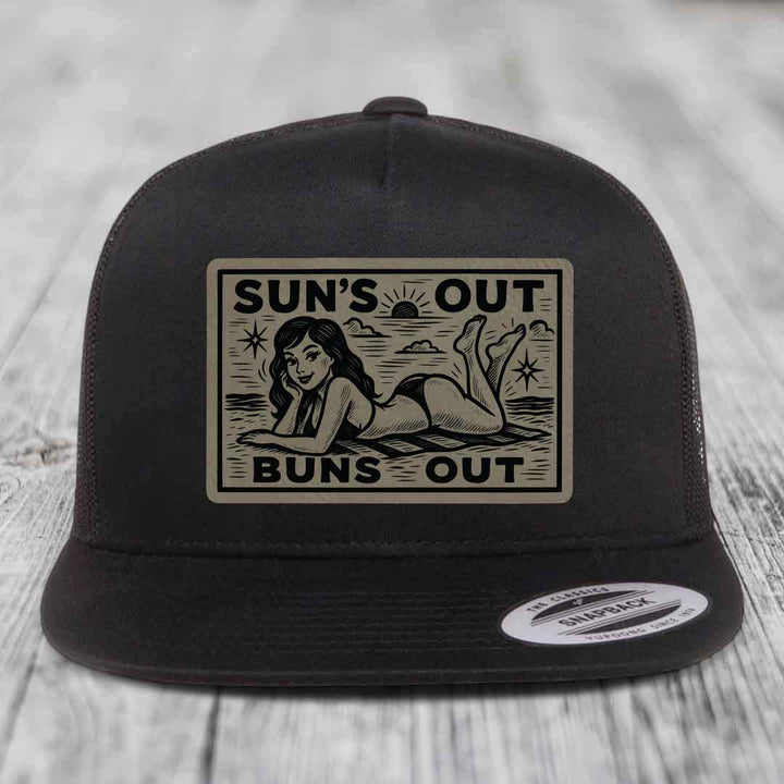 Suns Out, Buns Out - Leather Patch Hat - Light Brown to Black Patch - Yupoong 6006 Snapback Flatbill Hat