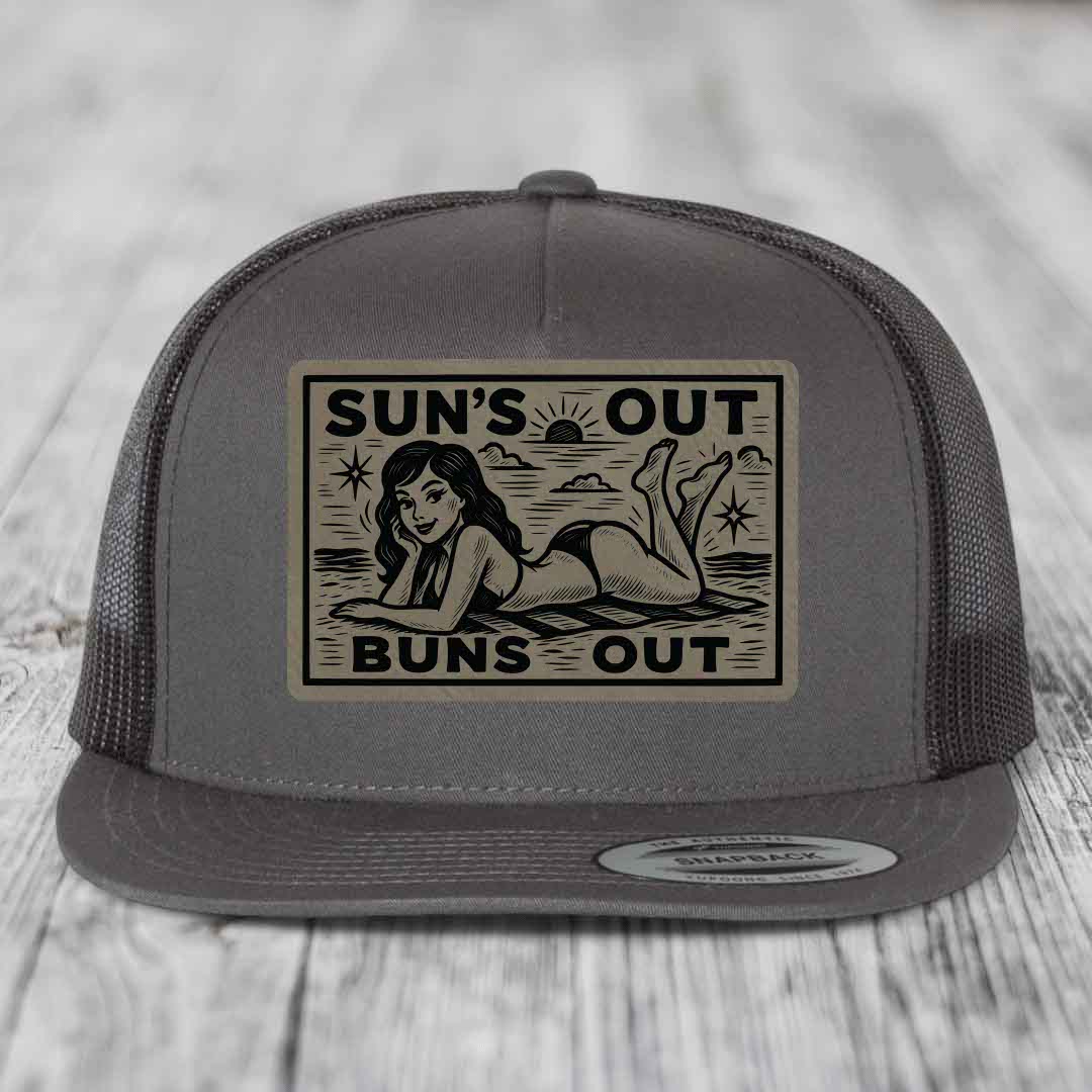 Suns Out, Buns Out - Leather Patch Hat - Light Brown to Black Patch - Yupoong 6006 Snapback Flatbill Hat