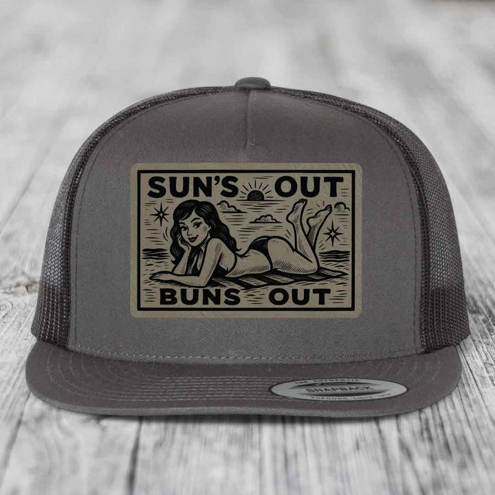 Suns Out, Buns Out - Leather Patch Hat - Light Brown to Black Patch - Yupoong 6006 Snapback Flatbill Hat
