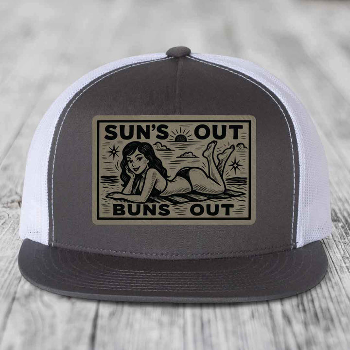 Suns Out, Buns Out - Leather Patch Hat - Light Brown to Black Patch - Yupoong 6006 Snapback Flatbill Hat