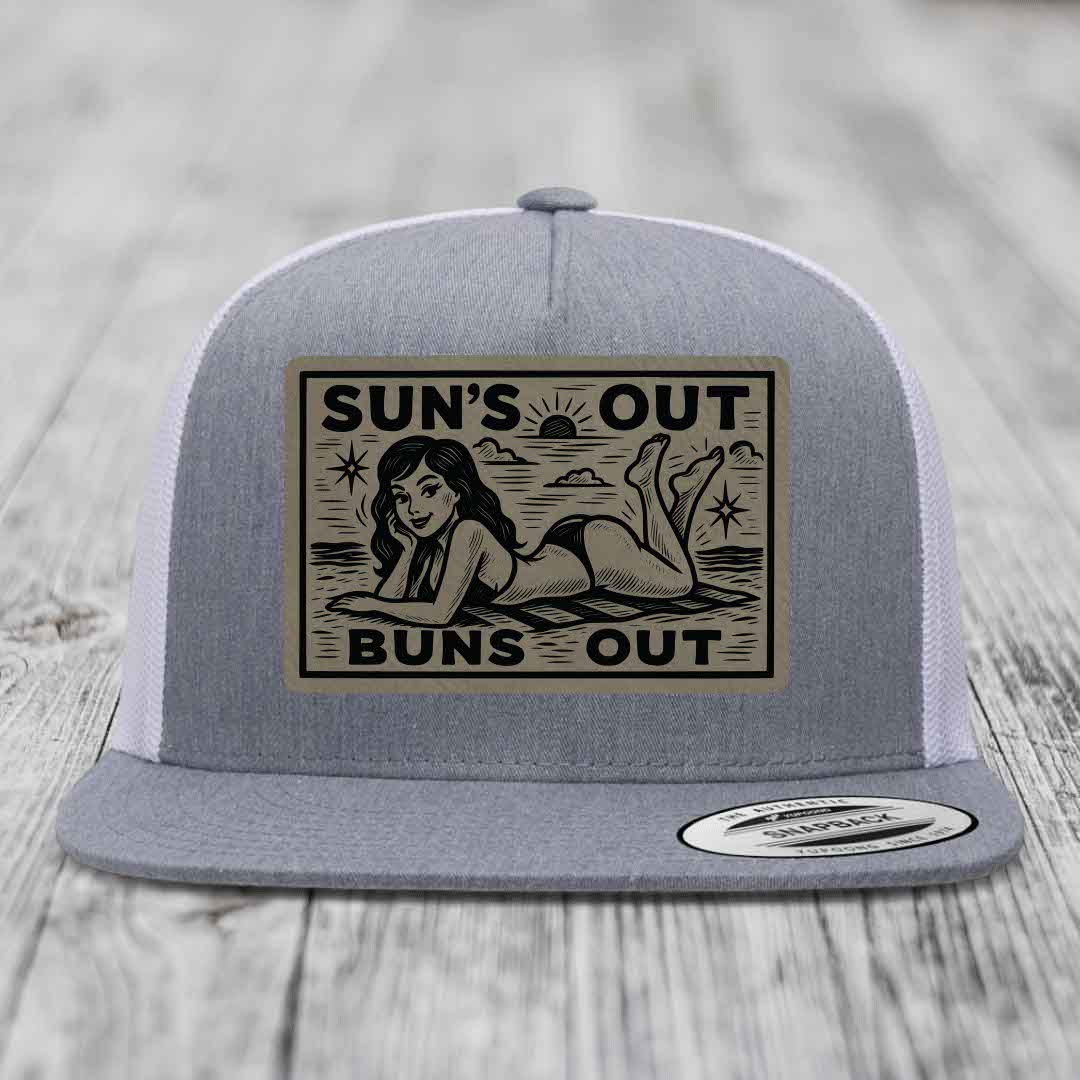 Suns Out, Buns Out - Leather Patch Hat - Light Brown to Black Patch - Yupoong 6006 Snapback Flatbill Hat