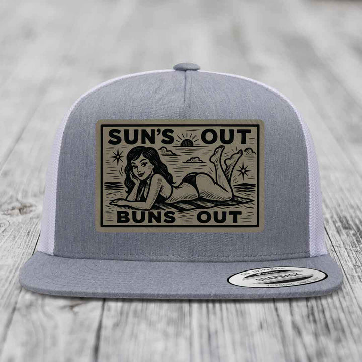 Suns Out, Buns Out - Leather Patch Hat - Light Brown to Black Patch - Yupoong 6006 Snapback Flatbill Hat