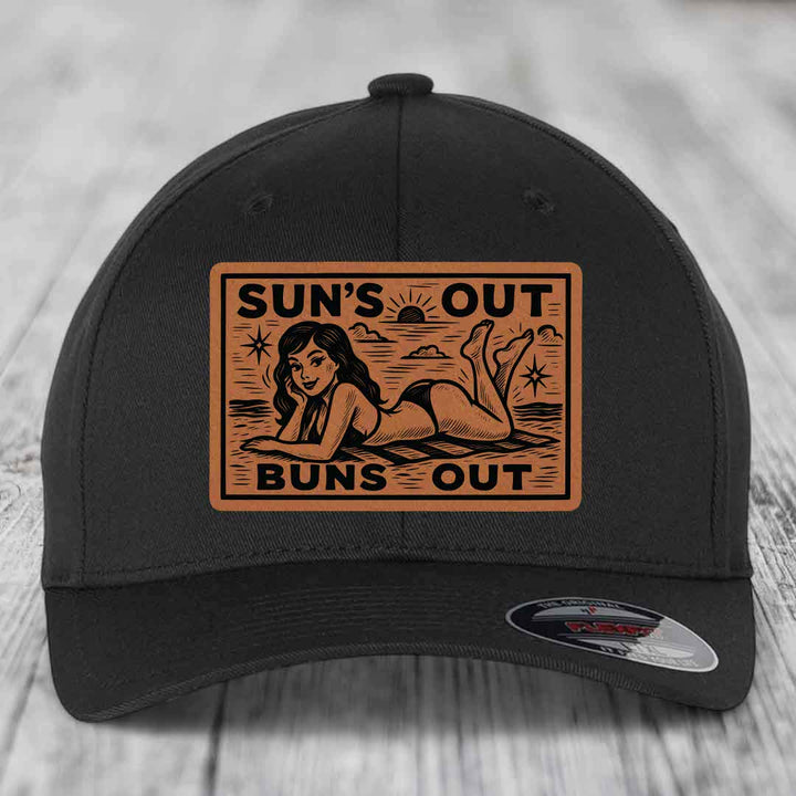 Suns Out, Buns Out - Leather Patch Hat - Rawhide to Black Patch - Flexfit 6277 Fitted Hat