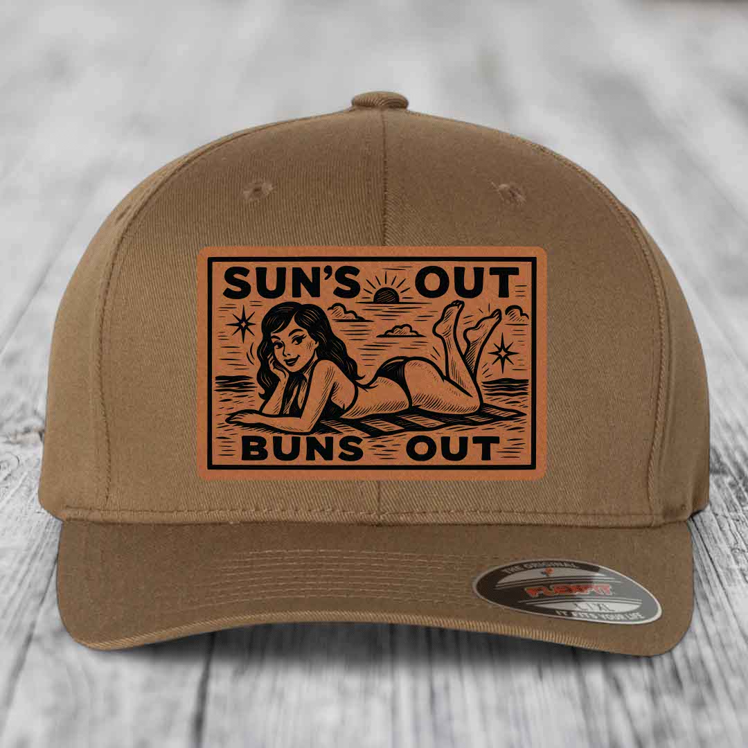 Suns Out, Buns Out - Leather Patch Hat - Rawhide to Black Patch - Flexfit 6277 Fitted Hat