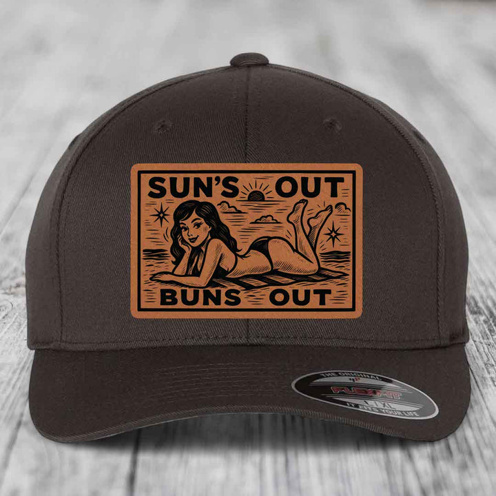 Suns Out, Buns Out - Leather Patch Hat - Rawhide to Black Patch - Flexfit 6277 Fitted Hat