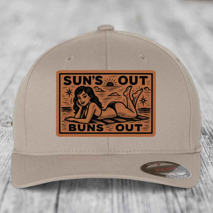 Suns Out, Buns Out - Leather Patch Hat - Rawhide to Black Patch - Flexfit 6277 Fitted Hat