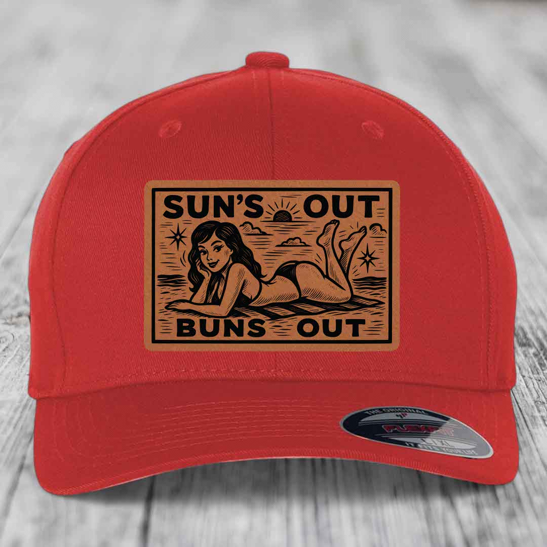 Suns Out, Buns Out - Leather Patch Hat - Rawhide to Black Patch - Flexfit 6277 Fitted Hat
