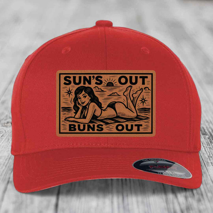 Suns Out, Buns Out - Leather Patch Hat - Rawhide to Black Patch - Flexfit 6277 Fitted Hat