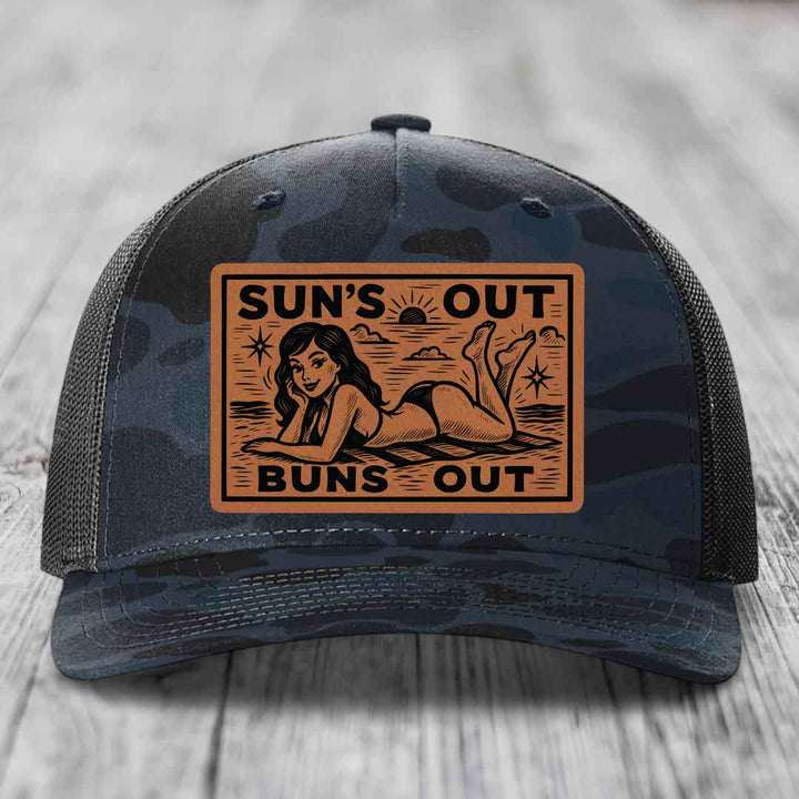 Suns Out, Buns Out - Leather Patch Hat - Rawhide to Black Patch - Richardson 112PFP Snapback Trucker Hat