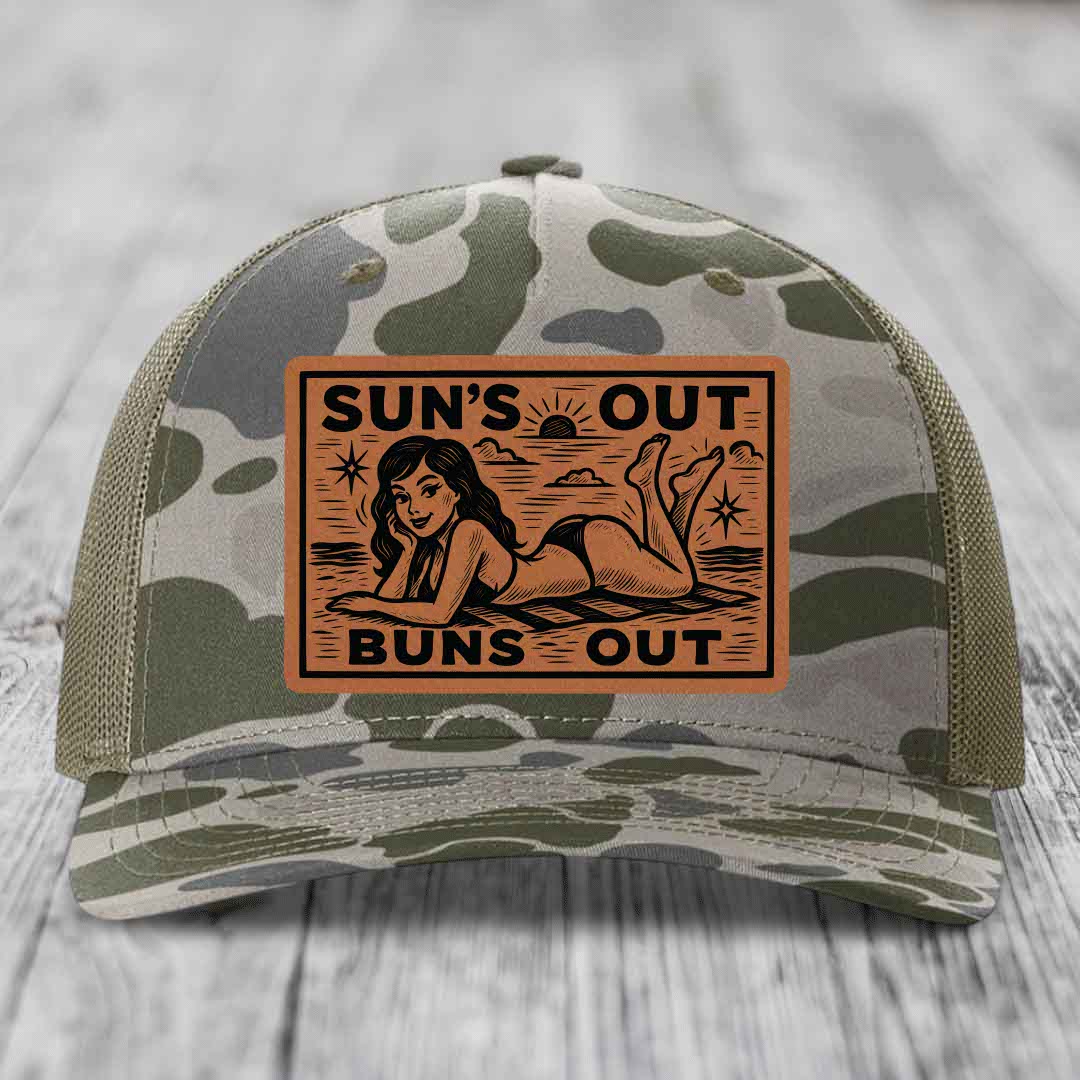 Suns Out, Buns Out - Leather Patch Hat - Rawhide to Black Patch - Richardson 112PFP Snapback Trucker Hat