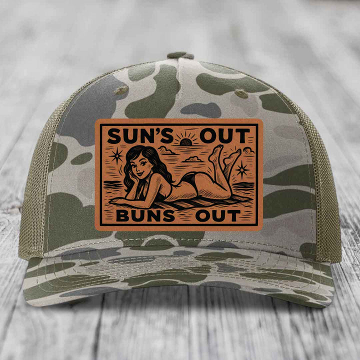 Suns Out, Buns Out - Leather Patch Hat - Rawhide to Black Patch - Richardson 112PFP Snapback Trucker Hat