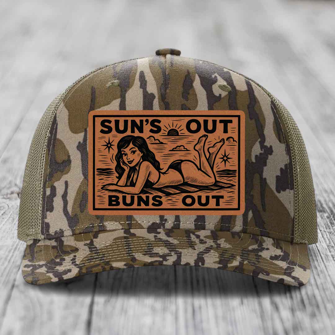 Suns Out, Buns Out - Leather Patch Hat - Rawhide to Black Patch - Richardson 112PFP Snapback Trucker Hat