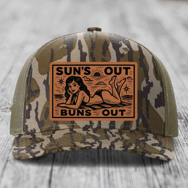 Suns Out, Buns Out - Leather Patch Hat - Rawhide to Black Patch - Richardson 112PFP Snapback Trucker Hat