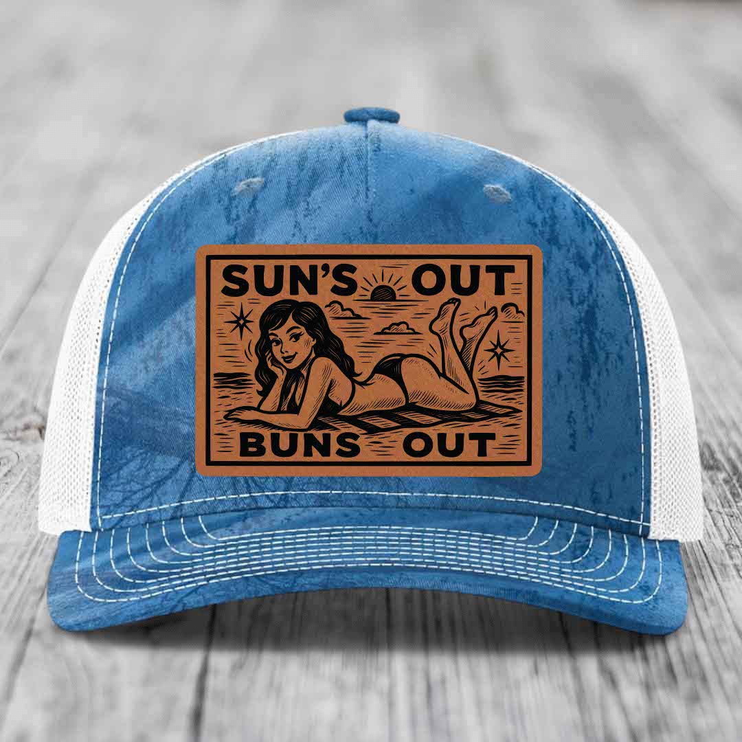 Suns Out, Buns Out - Leather Patch Hat - Rawhide to Black Patch - Richardson 112PFP Snapback Trucker Hat