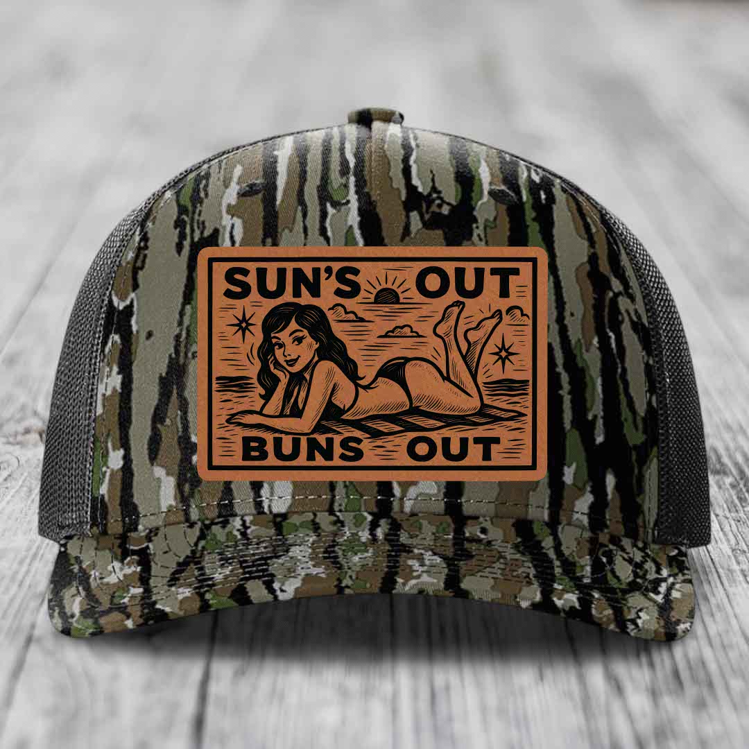 Suns Out, Buns Out - Leather Patch Hat - Rawhide to Black Patch - Richardson 112PFP Snapback Trucker Hat