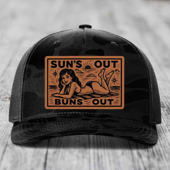 Suns Out, Buns Out - Leather Patch Hat - Rawhide to Black Patch - Richardson 112PFP Snapback Trucker Hat