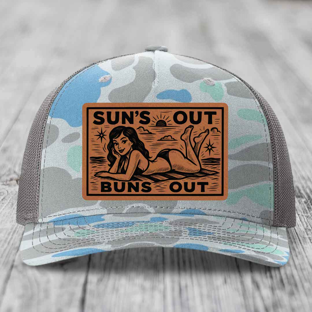 Suns Out, Buns Out - Leather Patch Hat - Rawhide to Black Patch - Richardson 112PFP Snapback Trucker Hat