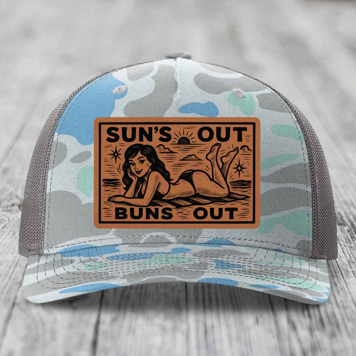Suns Out, Buns Out - Leather Patch Hat - Rawhide to Black Patch - Richardson 112PFP Snapback Trucker Hat
