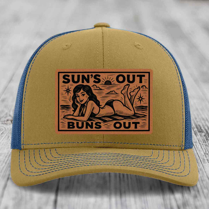 Suns Out, Buns Out - Leather Patch Hat - Rawhide to Black Patch - Richardson 112 Snapback Trucker Hat