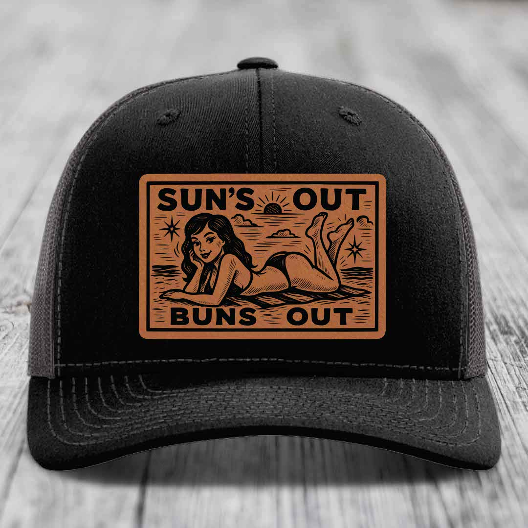 Suns Out, Buns Out - Leather Patch Hat - Rawhide to Black Patch - Richardson 112 Snapback Trucker Hat