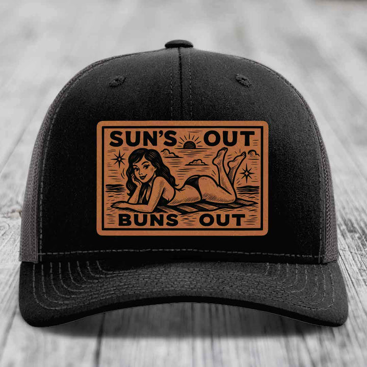Suns Out, Buns Out - Leather Patch Hat - Rawhide to Black Patch - Richardson 112 Snapback Trucker Hat