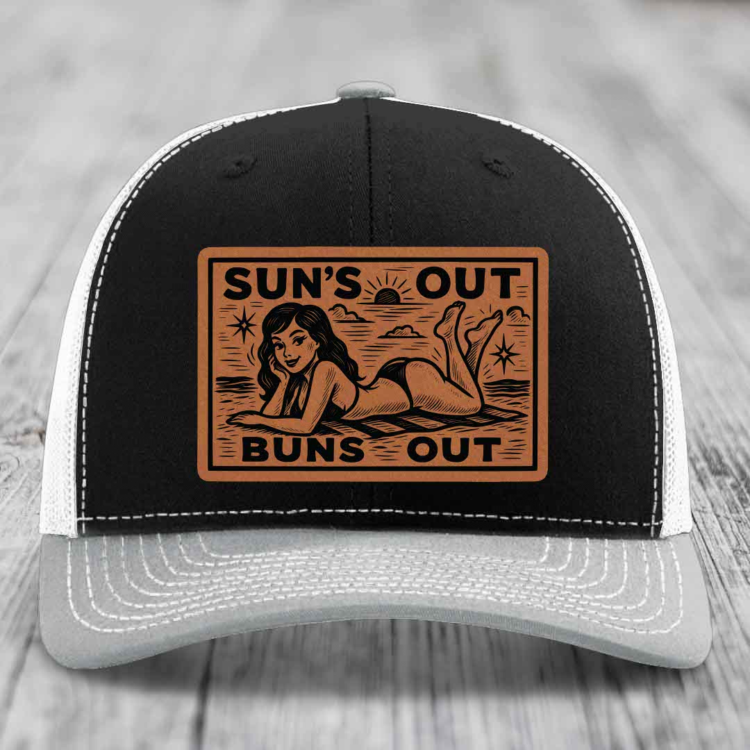 Suns Out, Buns Out - Leather Patch Hat - Rawhide to Black Patch - Richardson 112 Snapback Trucker Hat
