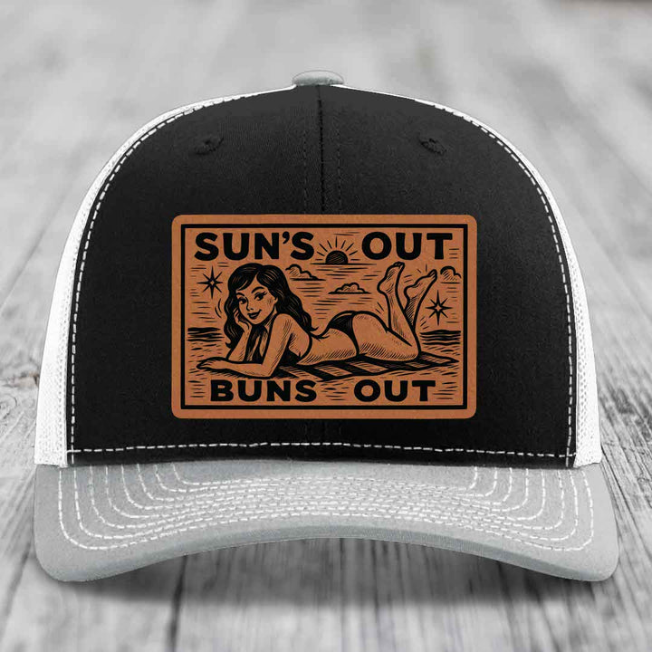 Suns Out, Buns Out - Leather Patch Hat - Rawhide to Black Patch - Richardson 112 Snapback Trucker Hat