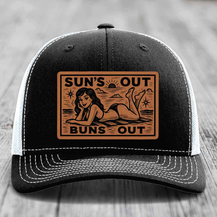 Suns Out, Buns Out - Leather Patch Hat - Rawhide to Black Patch - Richardson 112 Snapback Trucker Hat