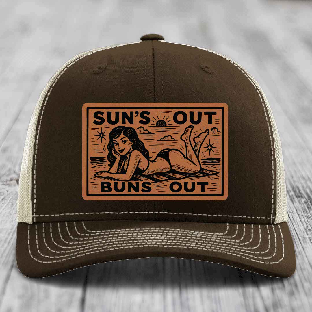 Suns Out, Buns Out - Leather Patch Hat - Rawhide to Black Patch - Richardson 112 Snapback Trucker Hat