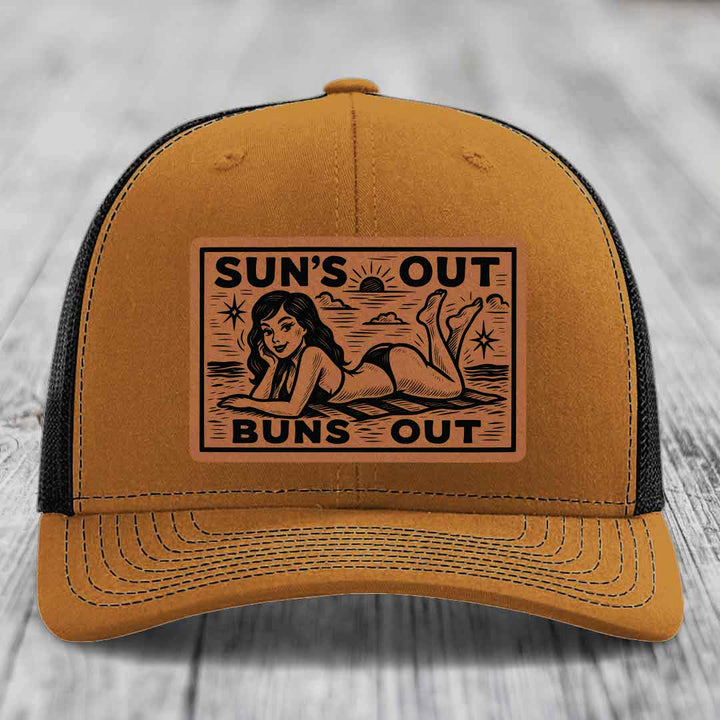 Suns Out, Buns Out - Leather Patch Hat - Rawhide to Black Patch - Richardson 112 Snapback Trucker Hat