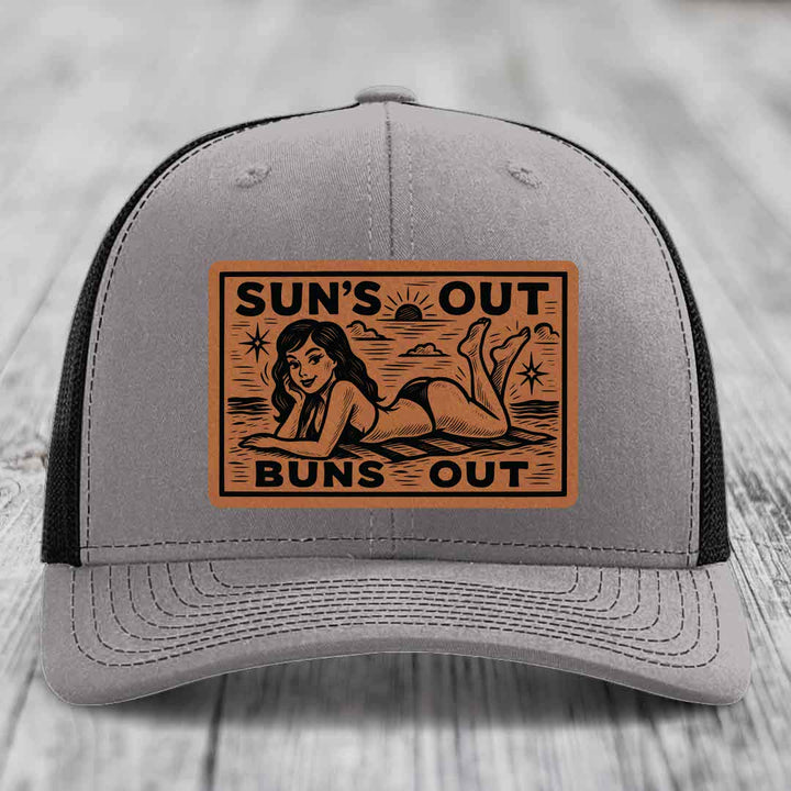 Suns Out, Buns Out - Leather Patch Hat - Rawhide to Black Patch - Richardson 112 Snapback Trucker Hat