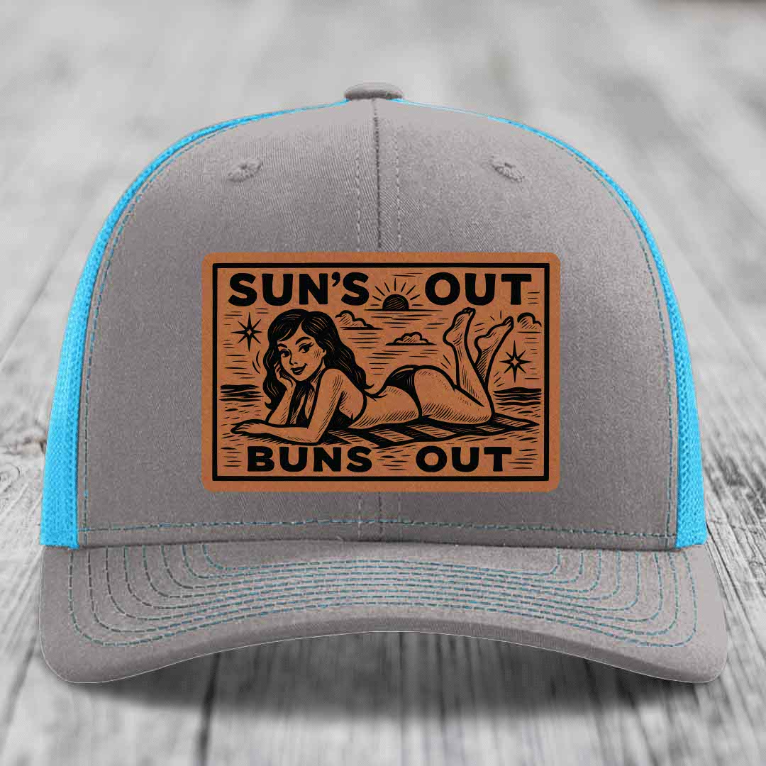 Suns Out, Buns Out - Leather Patch Hat - Rawhide to Black Patch - Richardson 112 Snapback Trucker Hat