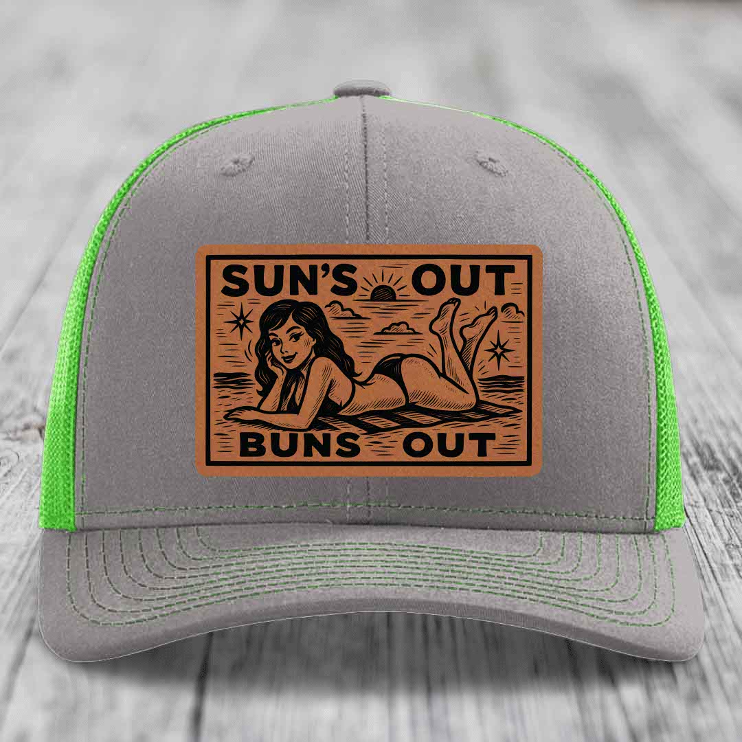 Suns Out, Buns Out - Leather Patch Hat - Rawhide to Black Patch - Richardson 112 Snapback Trucker Hat