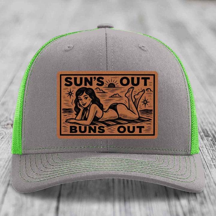 Suns Out, Buns Out - Leather Patch Hat - Rawhide to Black Patch - Richardson 112 Snapback Trucker Hat