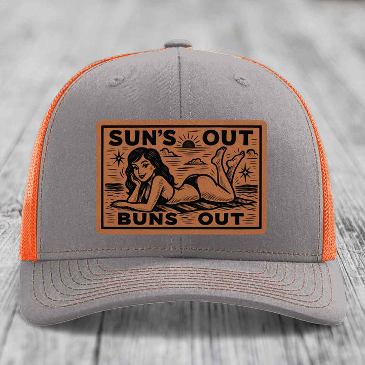 Suns Out, Buns Out - Leather Patch Hat - Rawhide to Black Patch - Richardson 112 Snapback Trucker Hat