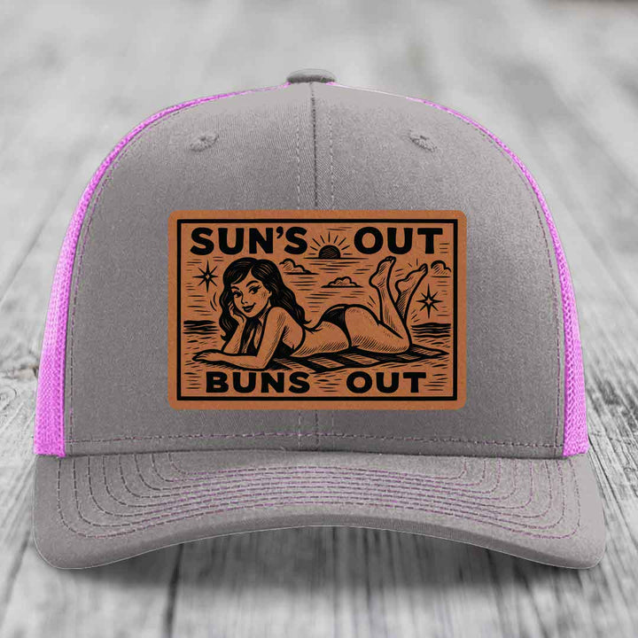 Suns Out, Buns Out - Leather Patch Hat - Rawhide to Black Patch - Richardson 112 Snapback Trucker Hat