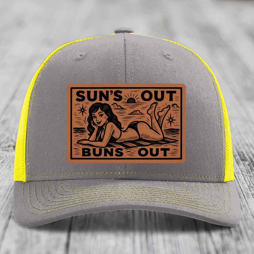 Suns Out, Buns Out - Leather Patch Hat - Rawhide to Black Patch - Richardson 112 Snapback Trucker Hat