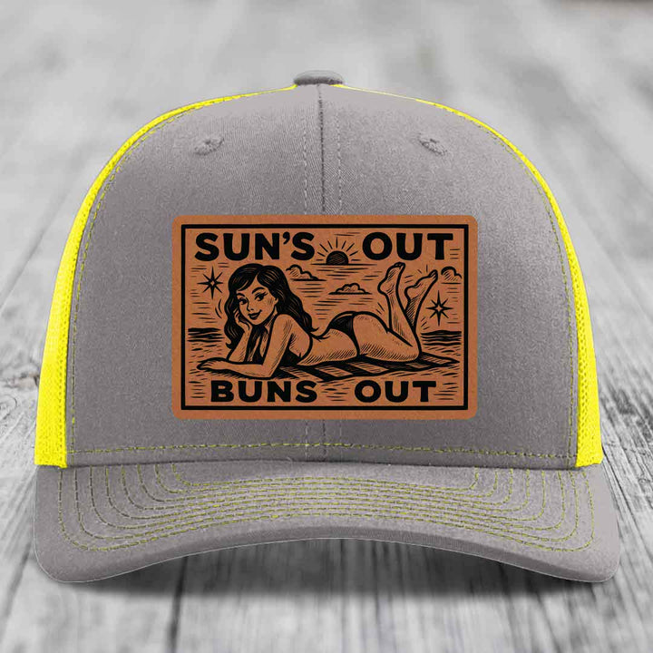 Suns Out, Buns Out - Leather Patch Hat - Rawhide to Black Patch - Richardson 112 Snapback Trucker Hat