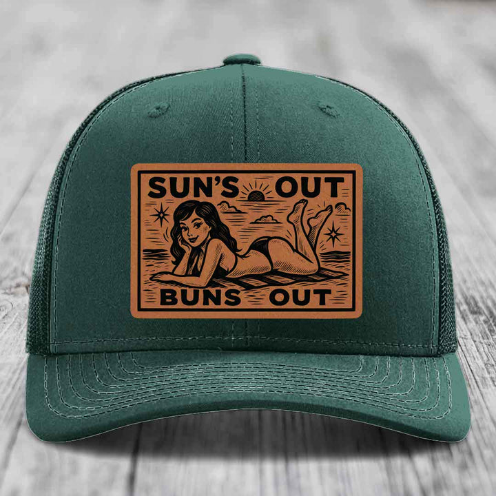 Suns Out, Buns Out - Leather Patch Hat - Rawhide to Black Patch - Richardson 112 Snapback Trucker Hat