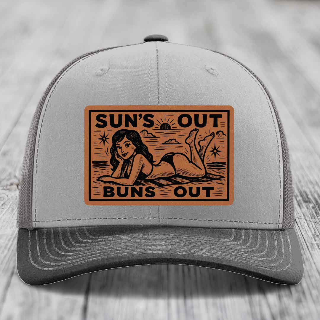 Suns Out, Buns Out - Leather Patch Hat - Rawhide to Black Patch - Richardson 112 Snapback Trucker Hat