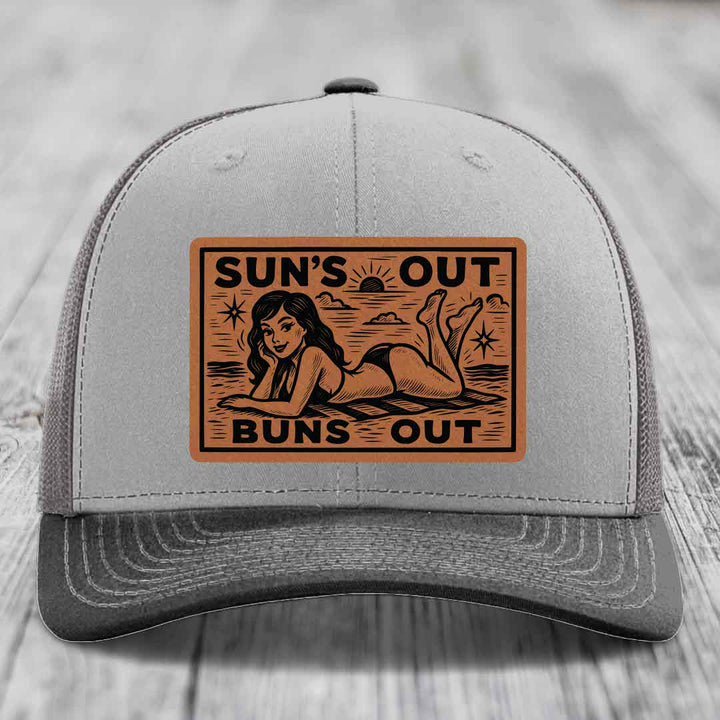 Suns Out, Buns Out - Leather Patch Hat - Rawhide to Black Patch - Richardson 112 Snapback Trucker Hat