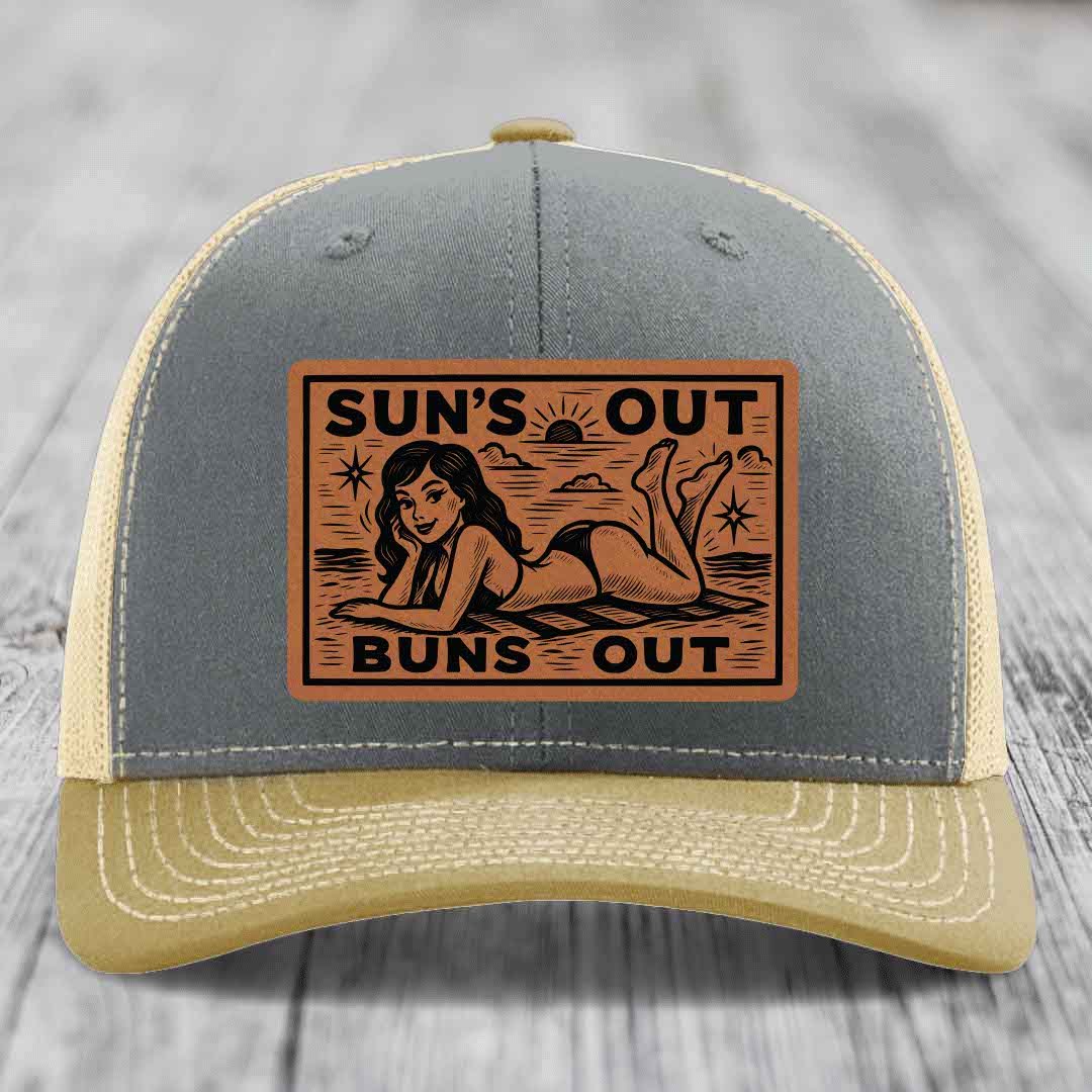Suns Out, Buns Out - Leather Patch Hat - Rawhide to Black Patch - Richardson 112 Snapback Trucker Hat