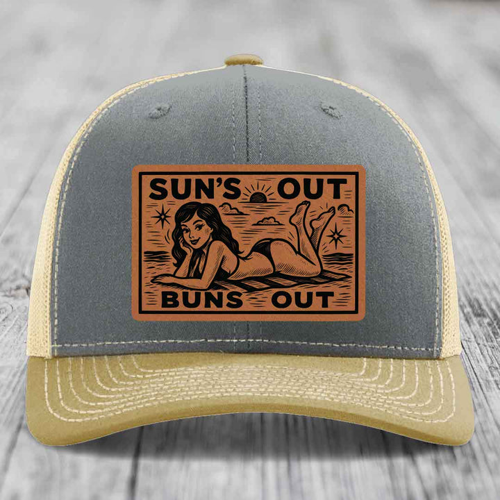 Suns Out, Buns Out - Leather Patch Hat - Rawhide to Black Patch - Richardson 112 Snapback Trucker Hat