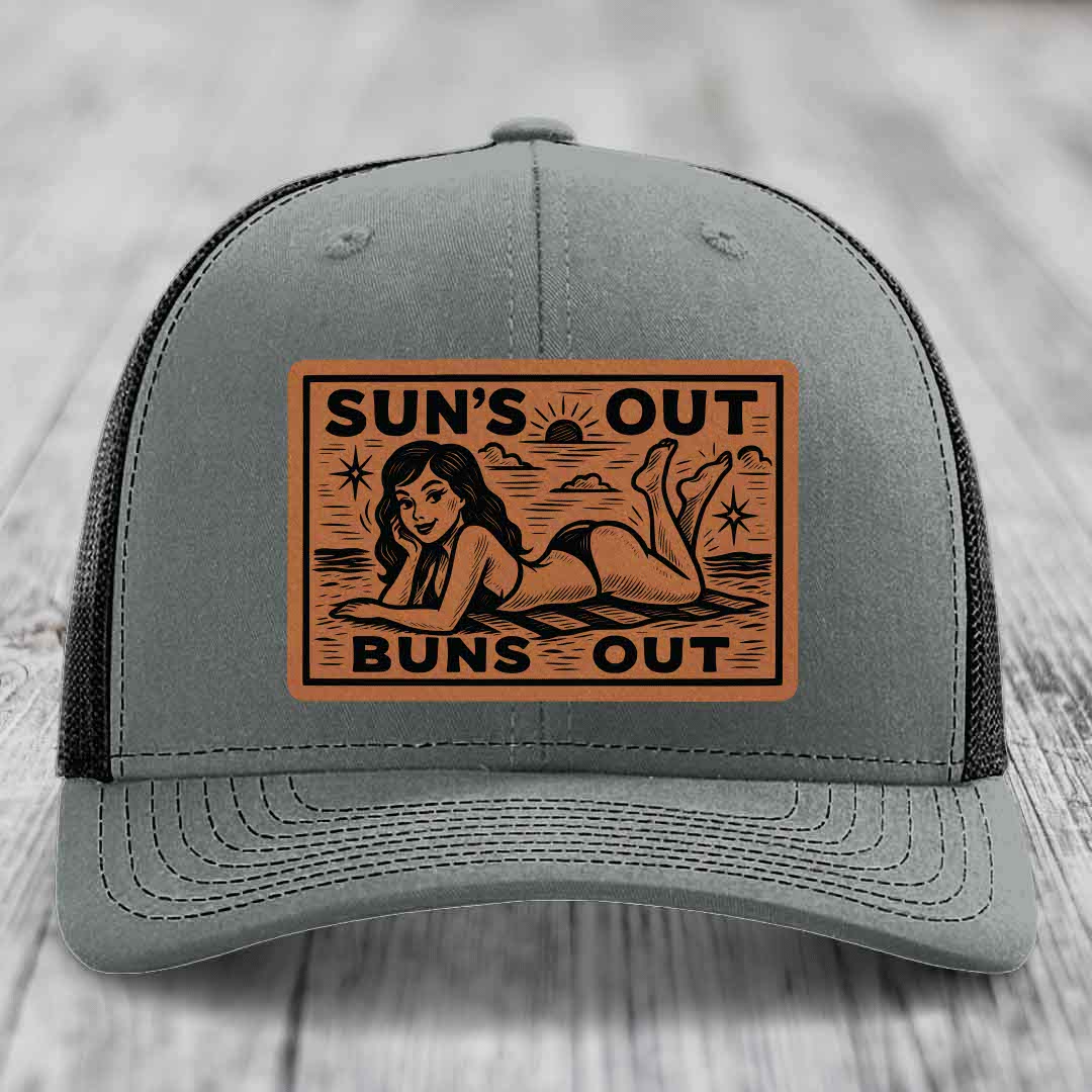 Suns Out, Buns Out - Leather Patch Hat - Rawhide to Black Patch - Richardson 112 Snapback Trucker Hat