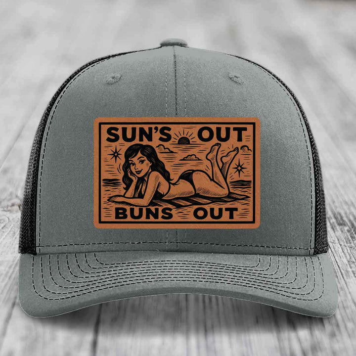 Suns Out, Buns Out - Leather Patch Hat - Rawhide to Black Patch - Richardson 112 Snapback Trucker Hat