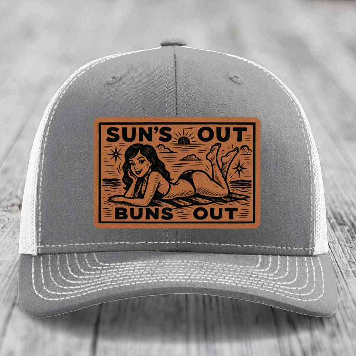 Suns Out, Buns Out - Leather Patch Hat - Rawhide to Black Patch - Richardson 112 Snapback Trucker Hat
