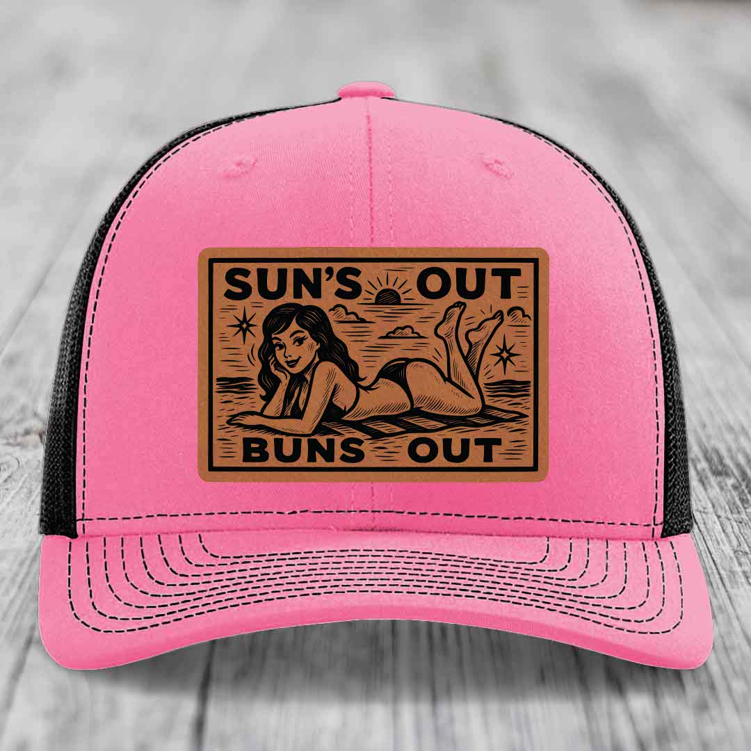 Suns Out, Buns Out - Leather Patch Hat - Rawhide to Black Patch - Richardson 112 Snapback Trucker Hat