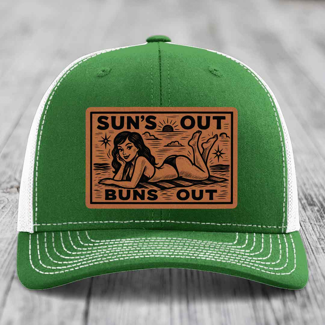 Suns Out, Buns Out - Leather Patch Hat - Rawhide to Black Patch - Richardson 112 Snapback Trucker Hat